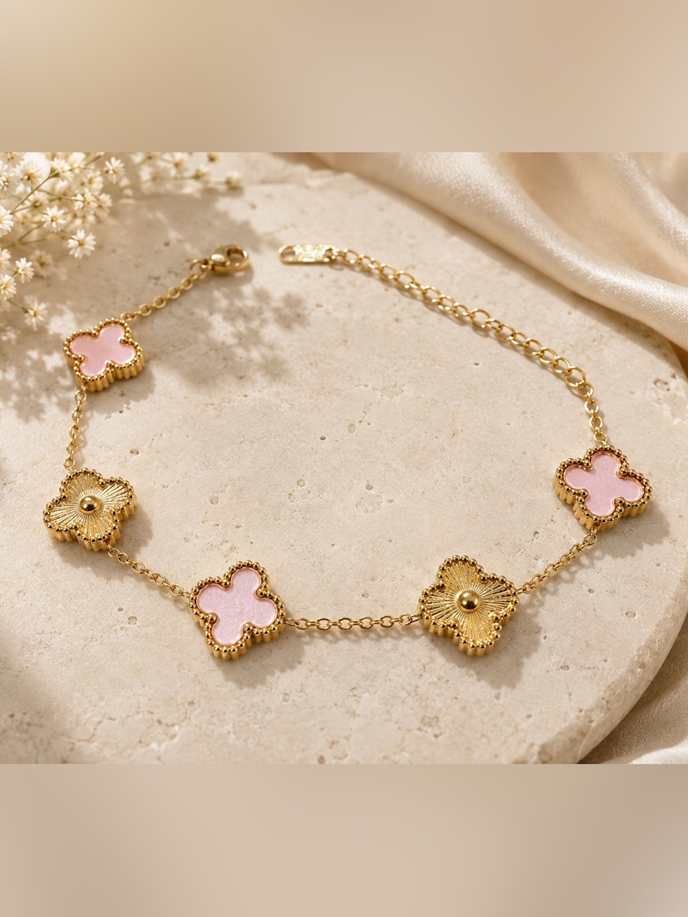 Delicate Pink Clover Gold-Tone Bracelet